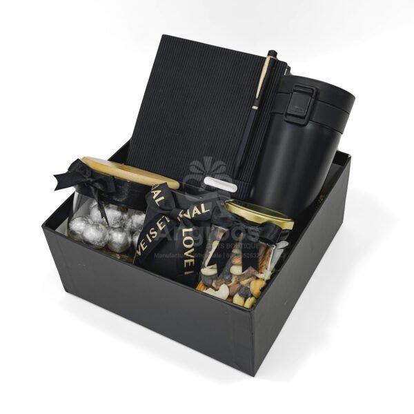 Elegant Black Themed Corporate Gift Hamper with Diary, Flask & Gourmet Jars - Image 3