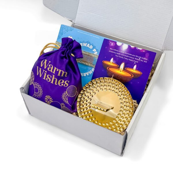 Budget Friendly Diwali Gift Box with Dharwad Peda, Cashew Potli & Brass Stand - Image 3