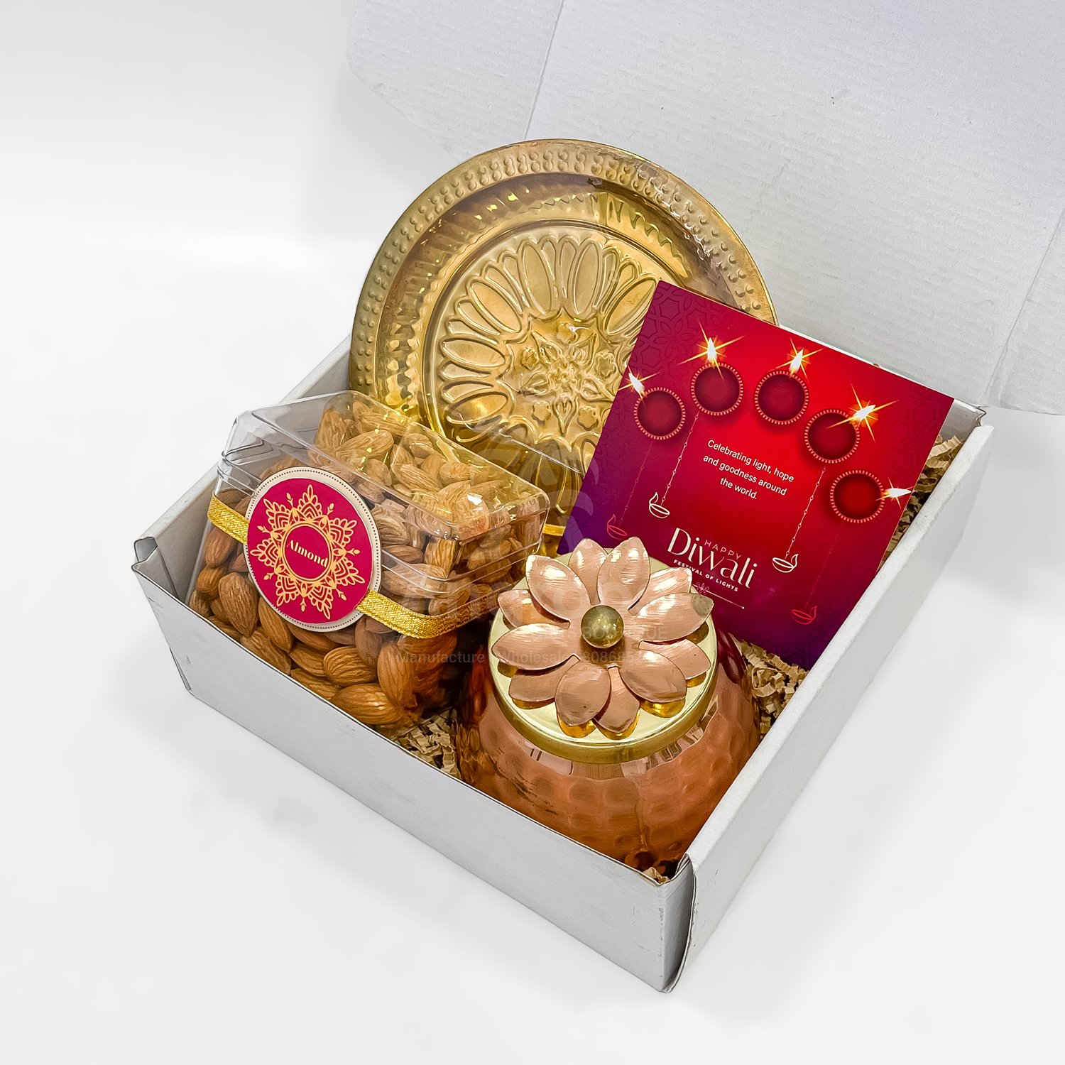 Elegant Diwali Thali Gift Box with Almonds, Dry Fruit Jar & Golden Pooja Thali - Image 3