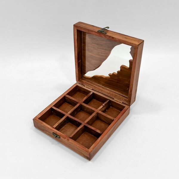 Premium Wooden Masala Box with Kerala Map Design – Handcrafted Spice Organizer with Glass Lid & Spoon (8x8 Inch) - Image 2