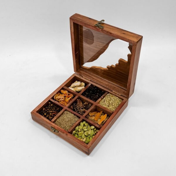 Kerala Map Spices Box with Spices – Handcrafted Wooden Masala Box with Glass Lid & Spoon (8x8 Inch) - Image 3