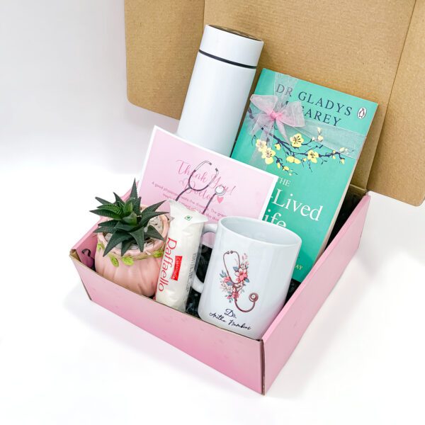 Doctor Gift Hamper with Personalized Mug, Book, Temperature Bottle & Plant - Image 3