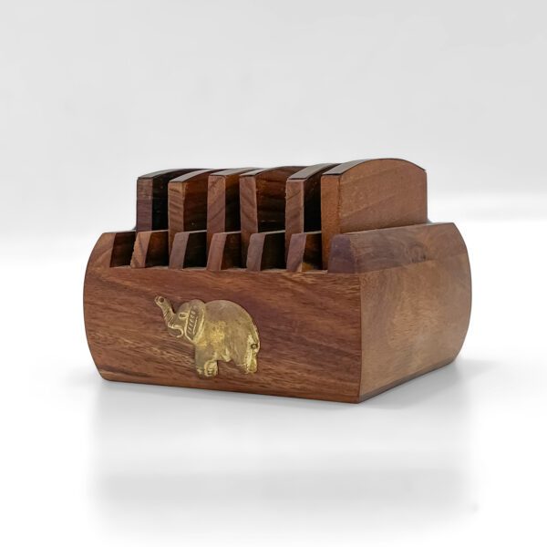 Wooden Coaster Set with Brass Elephant Inlay – Premium Table Gift (3 Inch Height) - Image 3