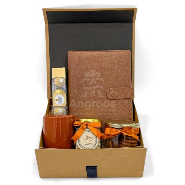 Elegant Brown Corporate Gift Hamper with Diary, Mug & Gourmet Snacks - Image 4