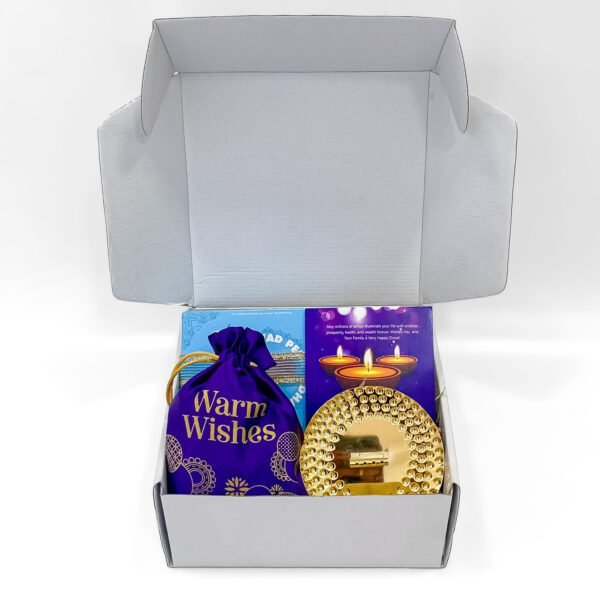 Budget Friendly Diwali Gift Box with Dharwad Peda, Cashew Potli & Brass Stand - Image 4