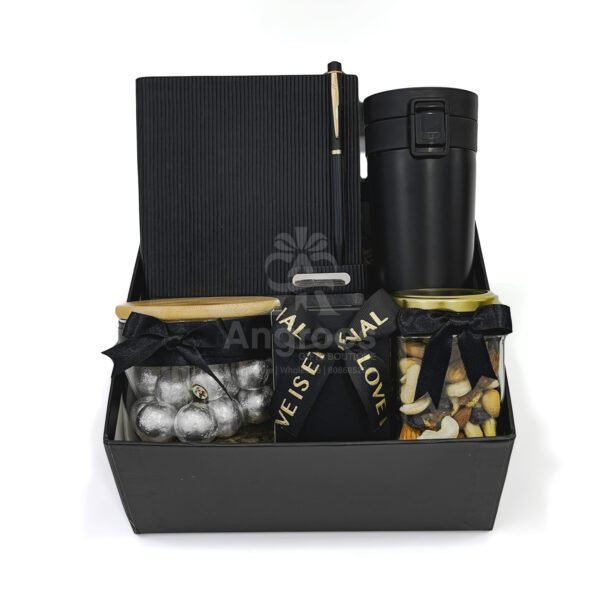 Elegant Black Themed Corporate Gift Hamper with Diary, Flask & Gourmet Jars - Image 4