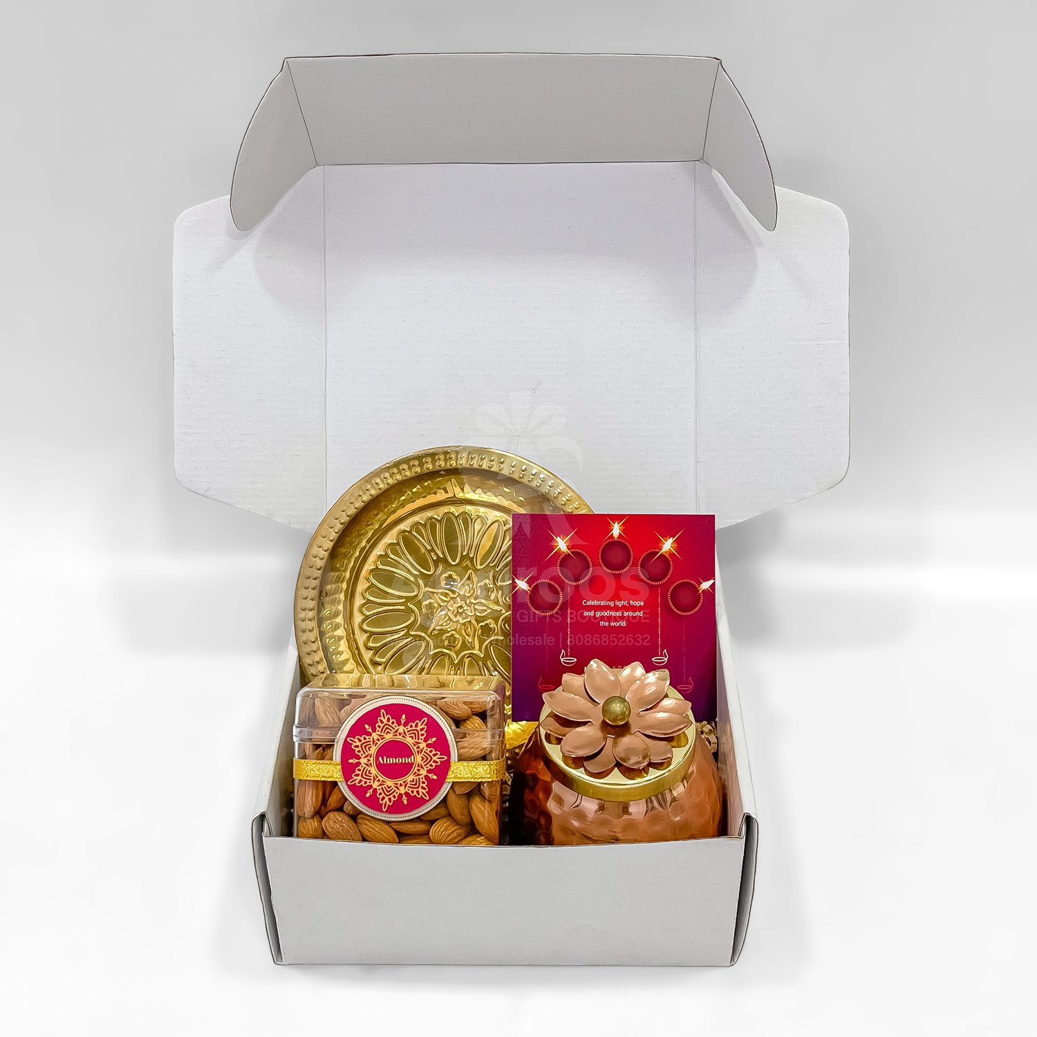 Elegant Diwali Thali Gift Box with Almonds, Dry Fruit Jar & Golden Pooja Thali - Image 4