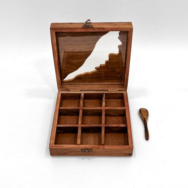 Premium Wooden Masala Box with Kerala Map Design – Handcrafted Spice Organizer with Glass Lid & Spoon (8x8 Inch) - Image 3