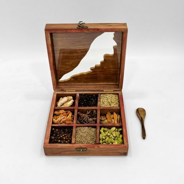 Kerala Map Spices Box with Spices – Handcrafted Wooden Masala Box with Glass Lid & Spoon (8x8 Inch) - Image 4
