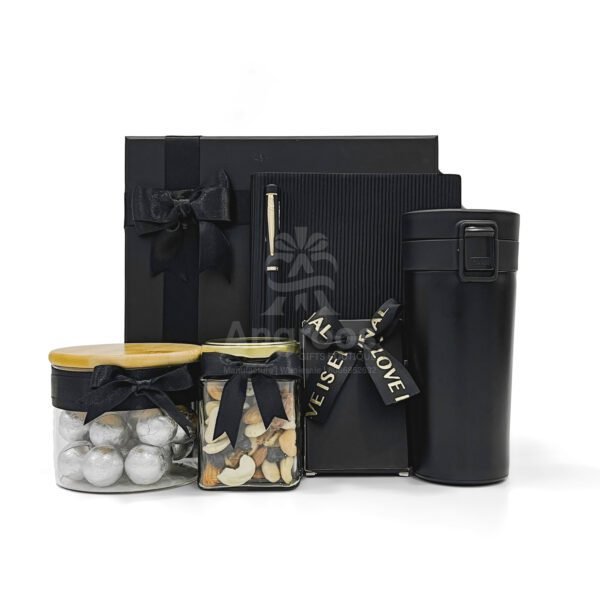 Elegant Black Themed Corporate Gift Hamper with Diary, Flask & Gourmet Jars - Image 5