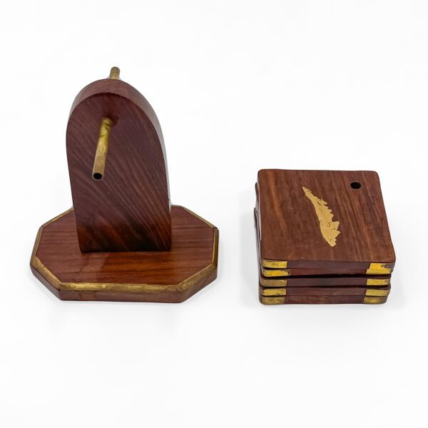 Ethnic Kerala Map Brass Inlay Wooden Coaster Set – Handcrafted Gift (4 Inch) - Image 5