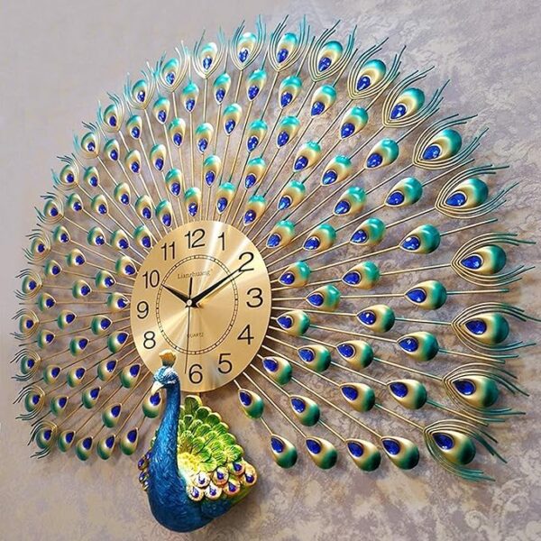 Artistic Peacock Wall Clock – 71x66 cm Luxury Metal Design with Crystal Accents - Image 2
