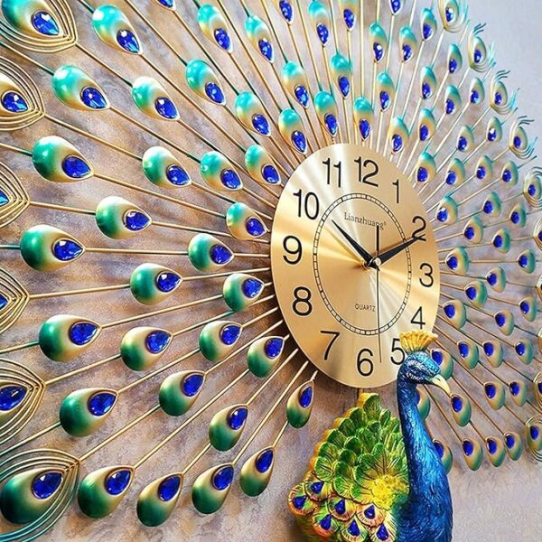 Artistic Peacock Wall Clock – 71x66 cm Luxury Metal Design with Crystal Accents - Image 4