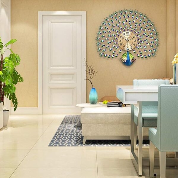 Artistic Peacock Wall Clock – 71x66 cm Luxury Metal Design with Crystal Accents - Image 5