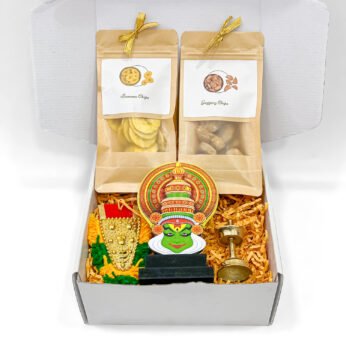 Deluxe Kathakali Onam Gifts Box with Nettipattam and Brass Nilavilakku
