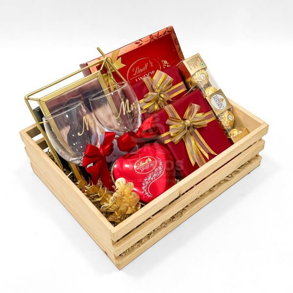 Premium Engagement Gift Hamper for Couple – Mr & Mrs Glasses, Chocolates & Wallets - Image 2