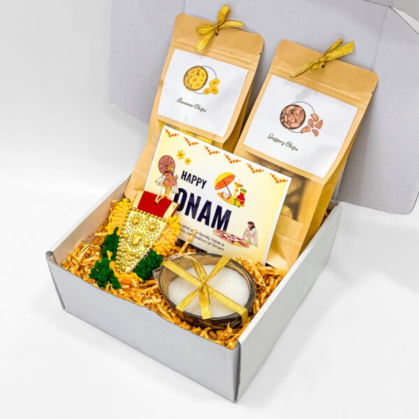 Onam Festival Gift Box with Kerala Snacks, Nettipattam & Candle - Image 2