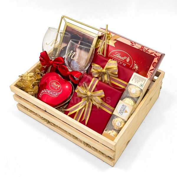 Premium Engagement Gift Hamper for Couple – Mr & Mrs Glasses, Chocolates & Wallets - Image 3