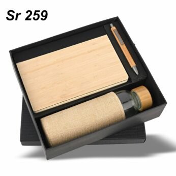 Eco-Friendly Corporate Gift Set with Wooden Notebook, Bamboo Pen & Glass Bottle