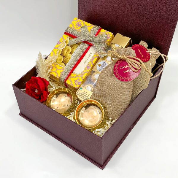 Festive Diwali Gift Box with Almonds, Cashews, Ferrero & Diyas - Image 2