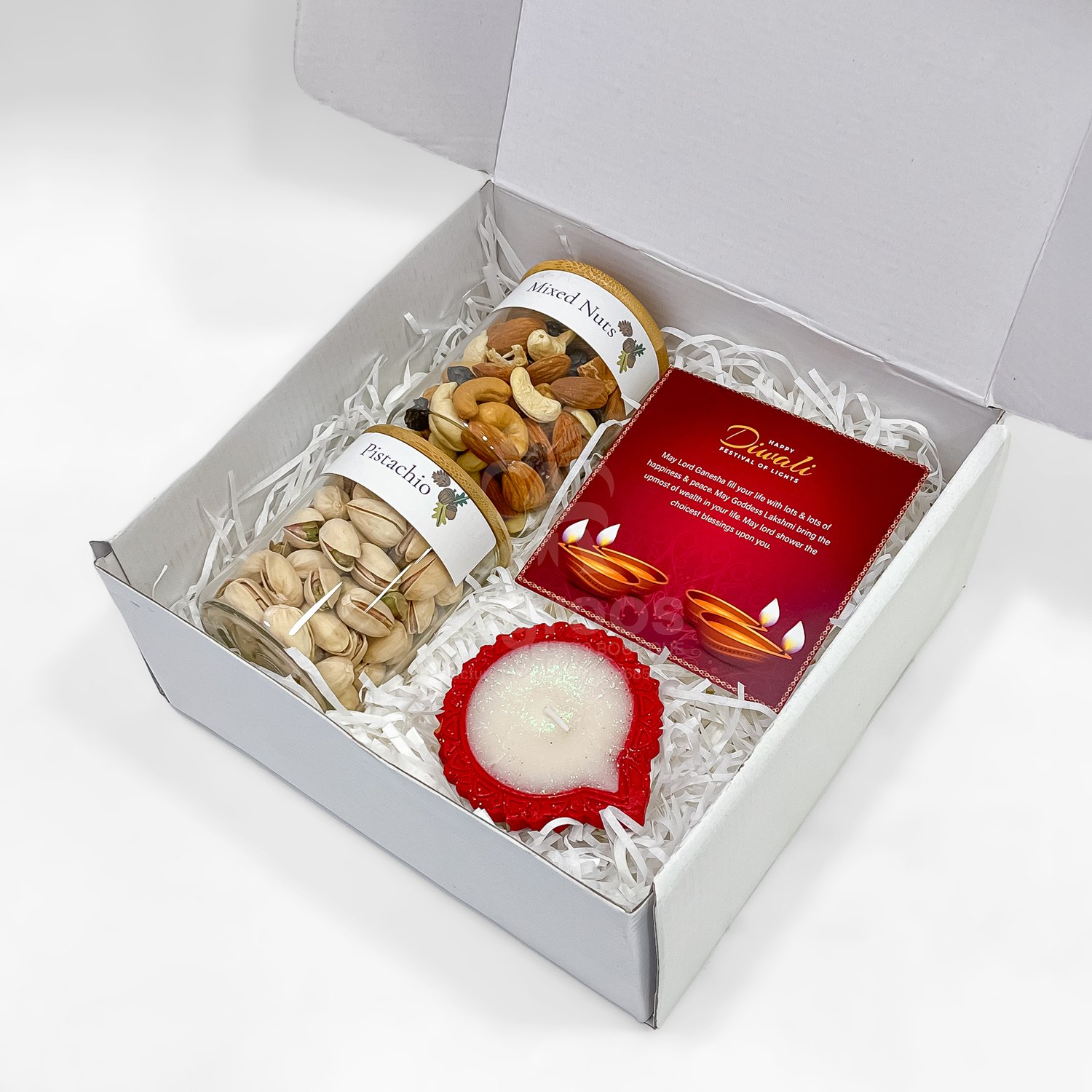 Mini Diwali Gift Box with Dry Fruits, Pistachios & Festive Diya - Image 2