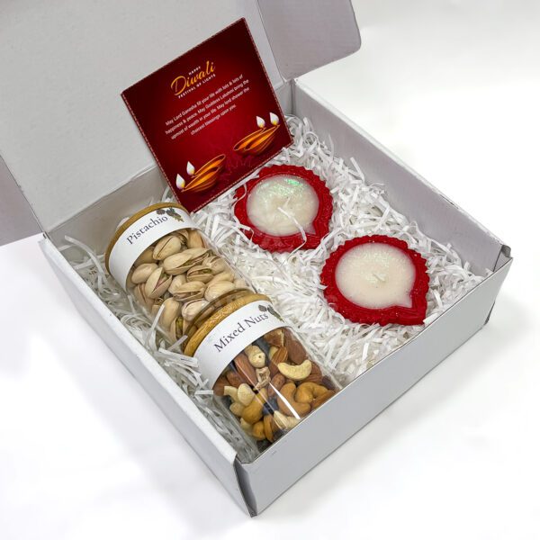 Diwali Dry Fruit Gift Box with Mixed Nuts, Pistachios & Diyas - Image 2