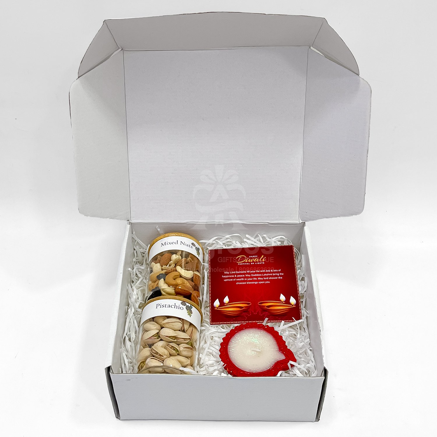 Mini Diwali Gift Box with Dry Fruits, Pistachios & Festive Diya - Image 3