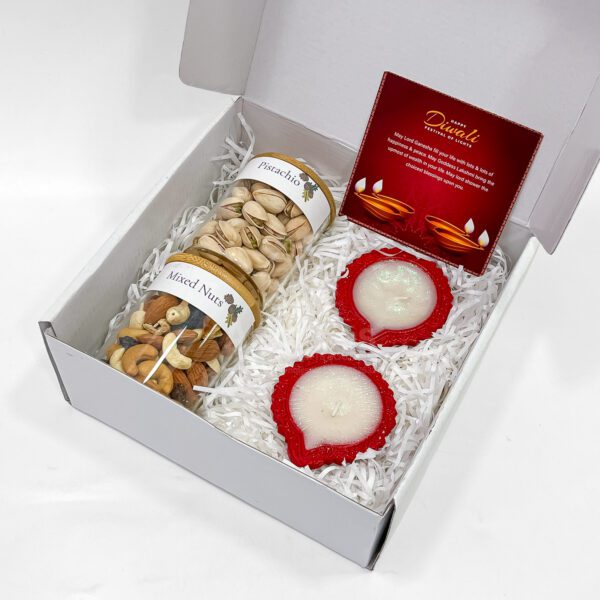 Diwali Dry Fruit Gift Box with Mixed Nuts, Pistachios & Diyas - Image 3