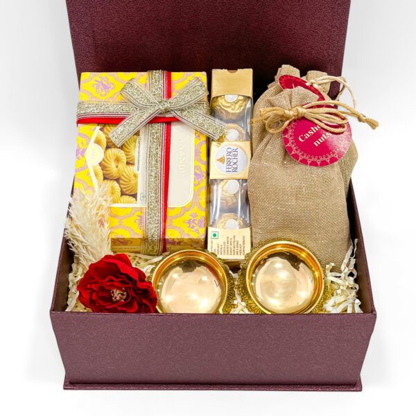 Festive Diwali Gift Box with Almonds, Cashews, Ferrero & Diyas - Image 4