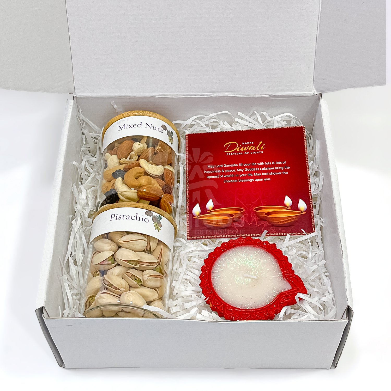 Mini Diwali Gift Box with Dry Fruits, Pistachios & Festive Diya - Image 4