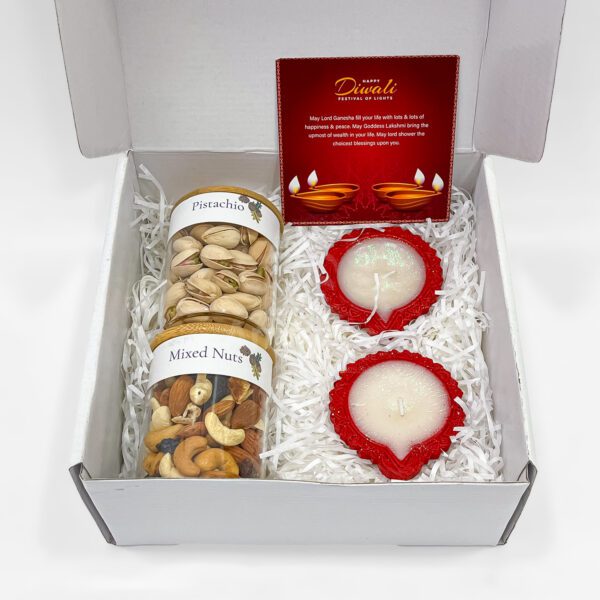 Diwali Dry Fruit Gift Box with Mixed Nuts, Pistachios & Diyas - Image 4