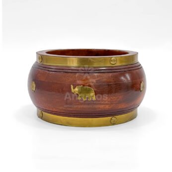 Handcrafted Wooden Uruli Bowl with Brass Elephant Design