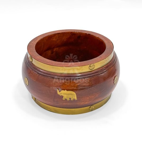 Handcrafted Wooden Uruli Bowl with Brass Elephant Design - Image 2
