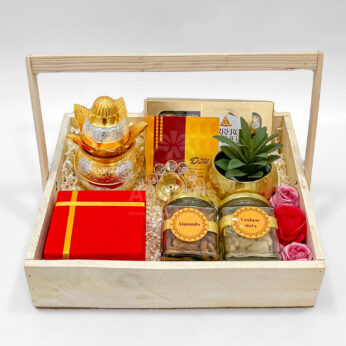 Diwali Gift Tray with Ferrero, Dry Fruits, Kalash & Decorative Plant