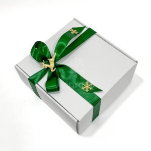 White box with green ribbon